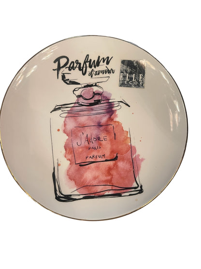Round Trinket Plate by Elle Decor with perfume bottle art in pink and purple. Available in multiple sizes.