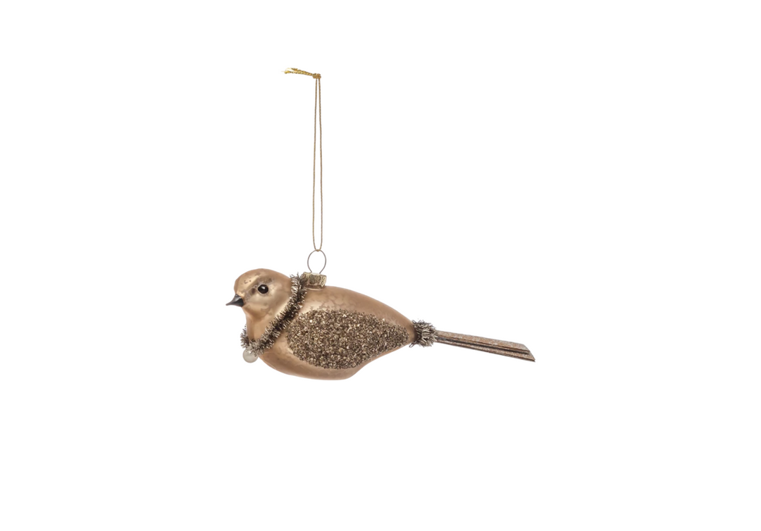 2″ Hand-Painted Mercury Glass Bird Ornament with glittered wings, a tinsel collar, and a hanging string.