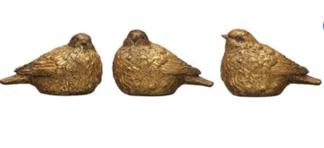 Resin Bird figurines with distressed gold finish, detailed feathers, rounded bodies. Available in small and large sizes.