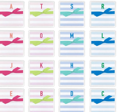 Notepad tray with acrylic tray, grid of 16 pastel-striped boxes, ribbon and colored letter in top right corner. Sizes available.