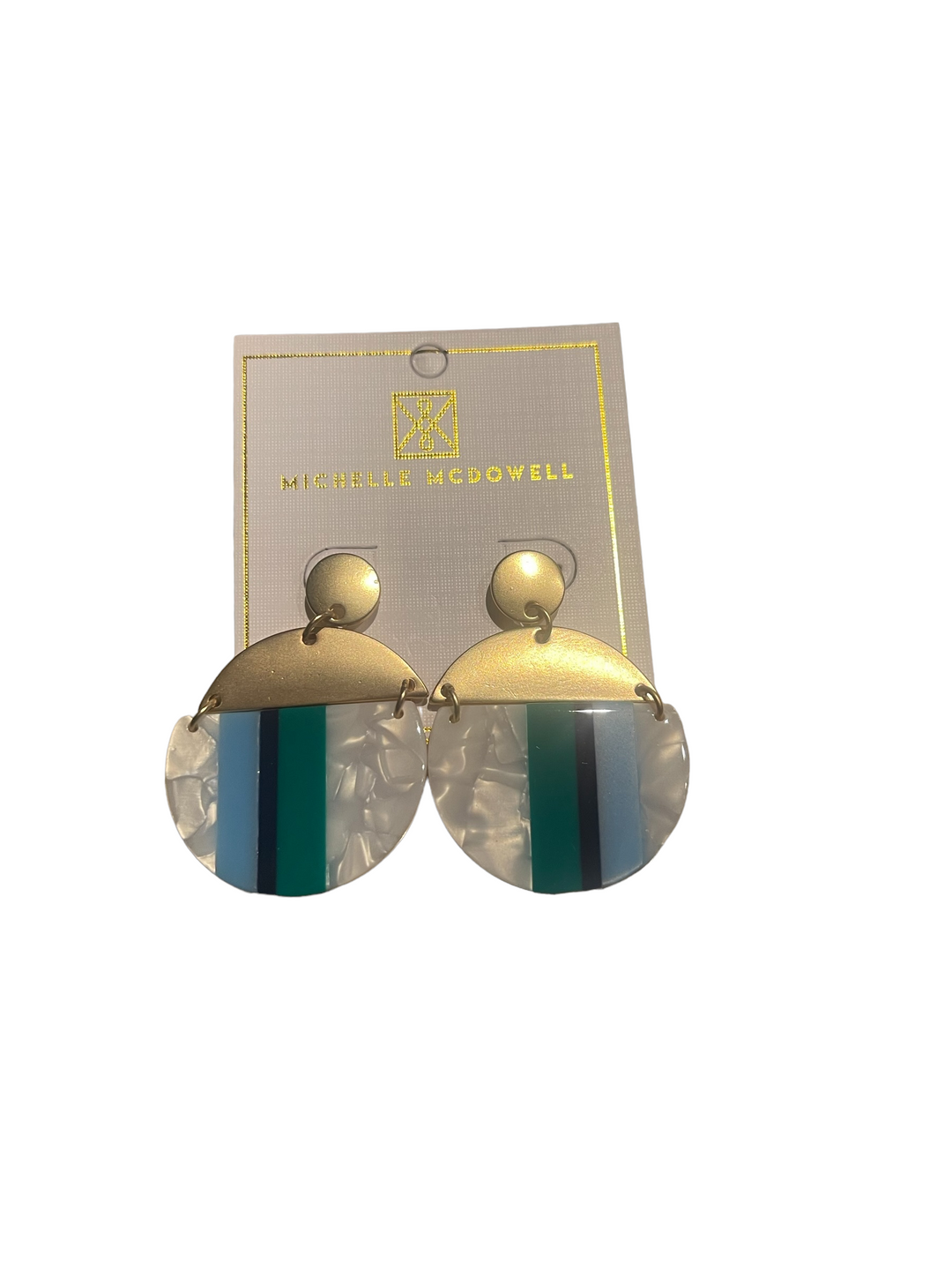 Round gold-tone top earrings with white marbled semicircles, blue/green/gray stripes. Sizes: S, M, L.