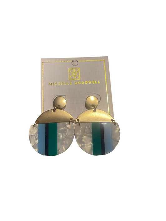 Round gold-tone top earrings with white marbled semicircles, blue/green/gray stripes. Sizes: S, M, L.