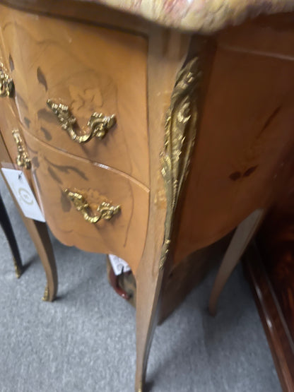 French Signed Mahogany Side Cabinet with brass handles, ormolu trim, floral carvings, gold accents, and curved legs. Sizes available.