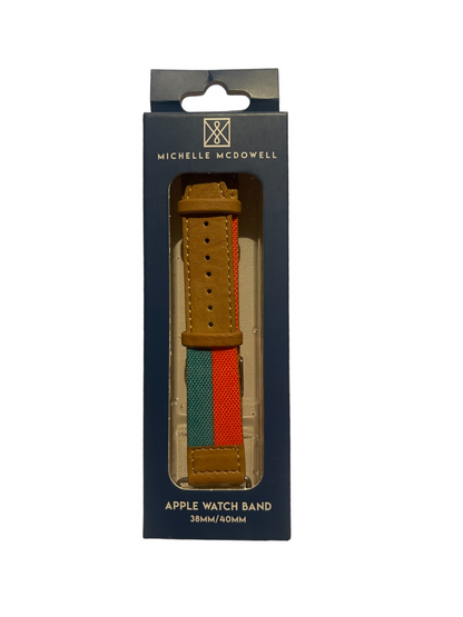Brown leather watch band with red, green, and orange center stripe for 38mm/40mm Apple Watches by Michelle McDowell.