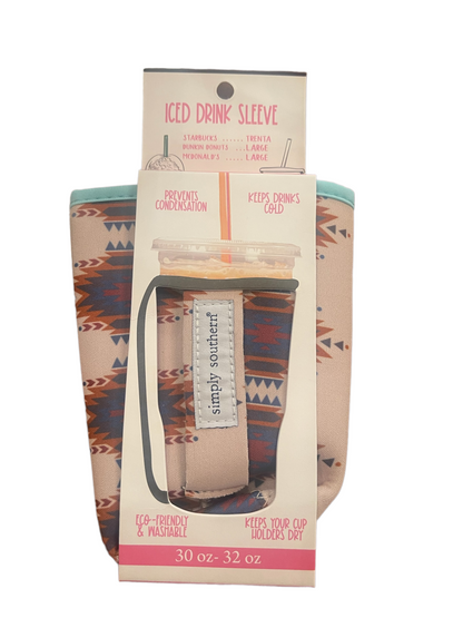 Simply Southern Iced Drink Sleeve with geometric pattern, eco-friendly, fits 30-32 oz cups; prevents condensation, keeps drinks cold.