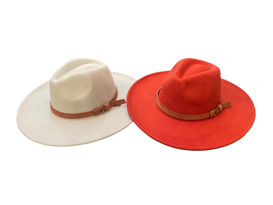 White and red wide-brim wool hats with brown knotted bands; available in S, M, L sizes.