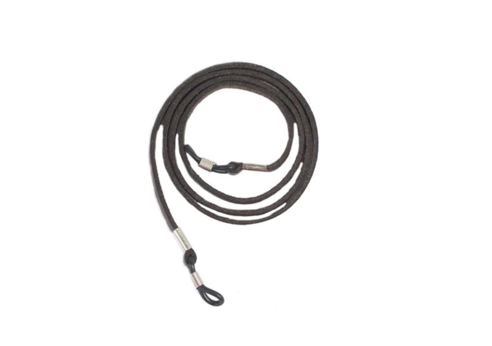 Coiled black faux leather eyeglasses strap with metal clasps and anti-slip loops at each end. Available in 25cm and 45cm lengths.