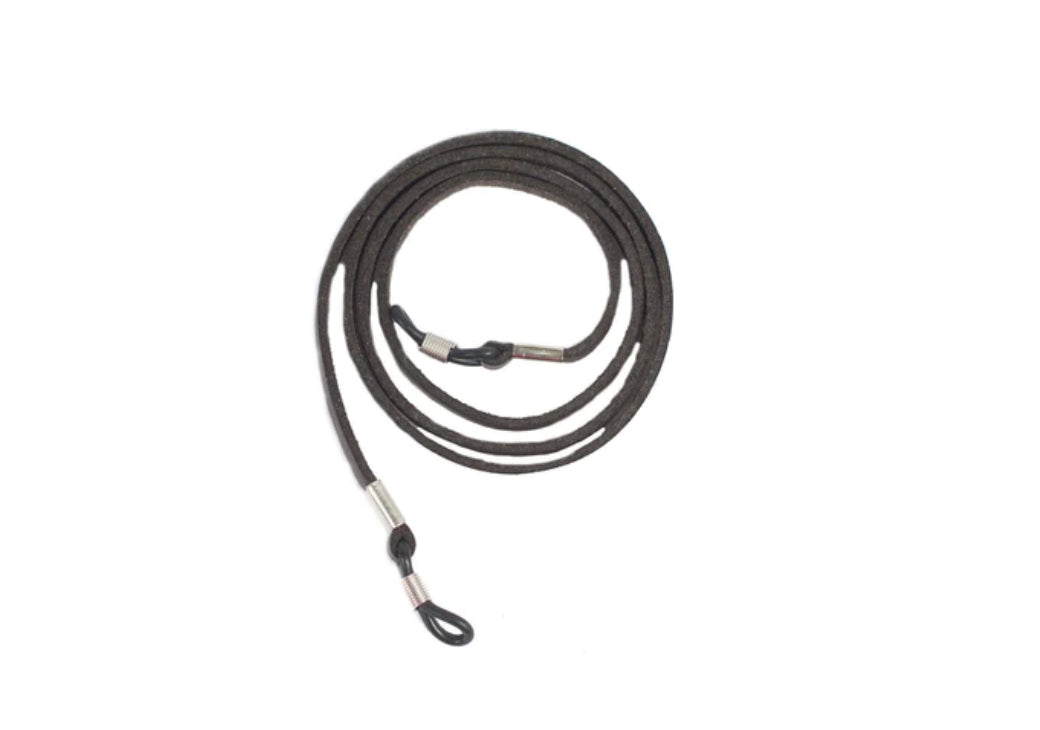 Coiled black faux leather eyeglasses strap with metal clasps and anti-slip loops at each end. Available in 25cm and 45cm lengths.