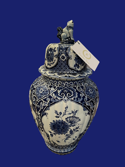 Boch Royal Sphinx Blue Delft ginger jar, blue and white floral ceramic, 15.5" tall, lid with lion figurine and attached tag.