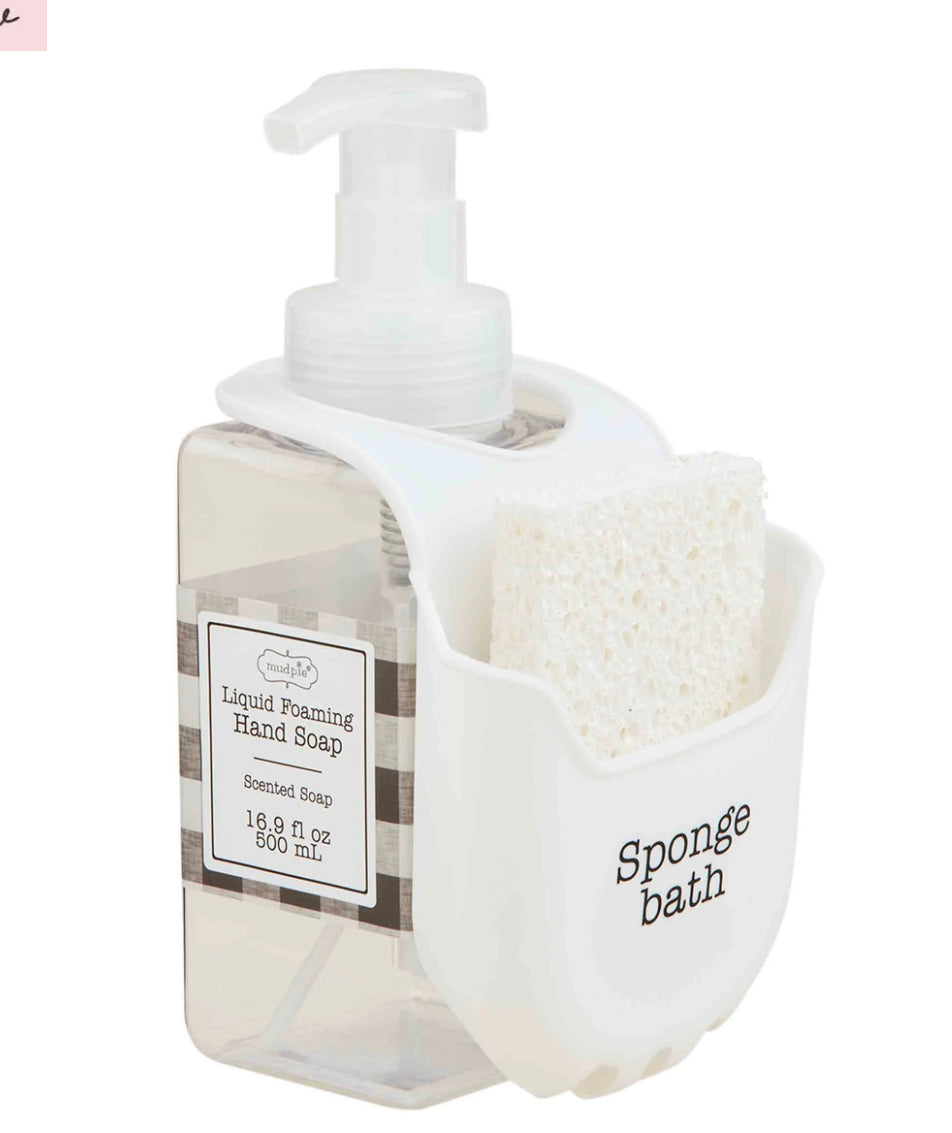 This product is a Sponge Holder with Soap. It includes a clear container holding French ivory scented hand soap and a side compartment containing a white sponge labeled "sponge bath". Sizes available are subject to the particular retailer or manufacturer's specifications.