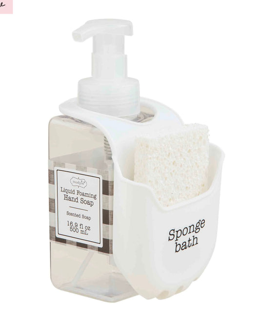 This product is a Sponge Holder with Soap. It includes a clear container holding French ivory scented hand soap and a side compartment containing a white sponge labeled "sponge bath". Sizes available are subject to the particular retailer or manufacturer's specifications.