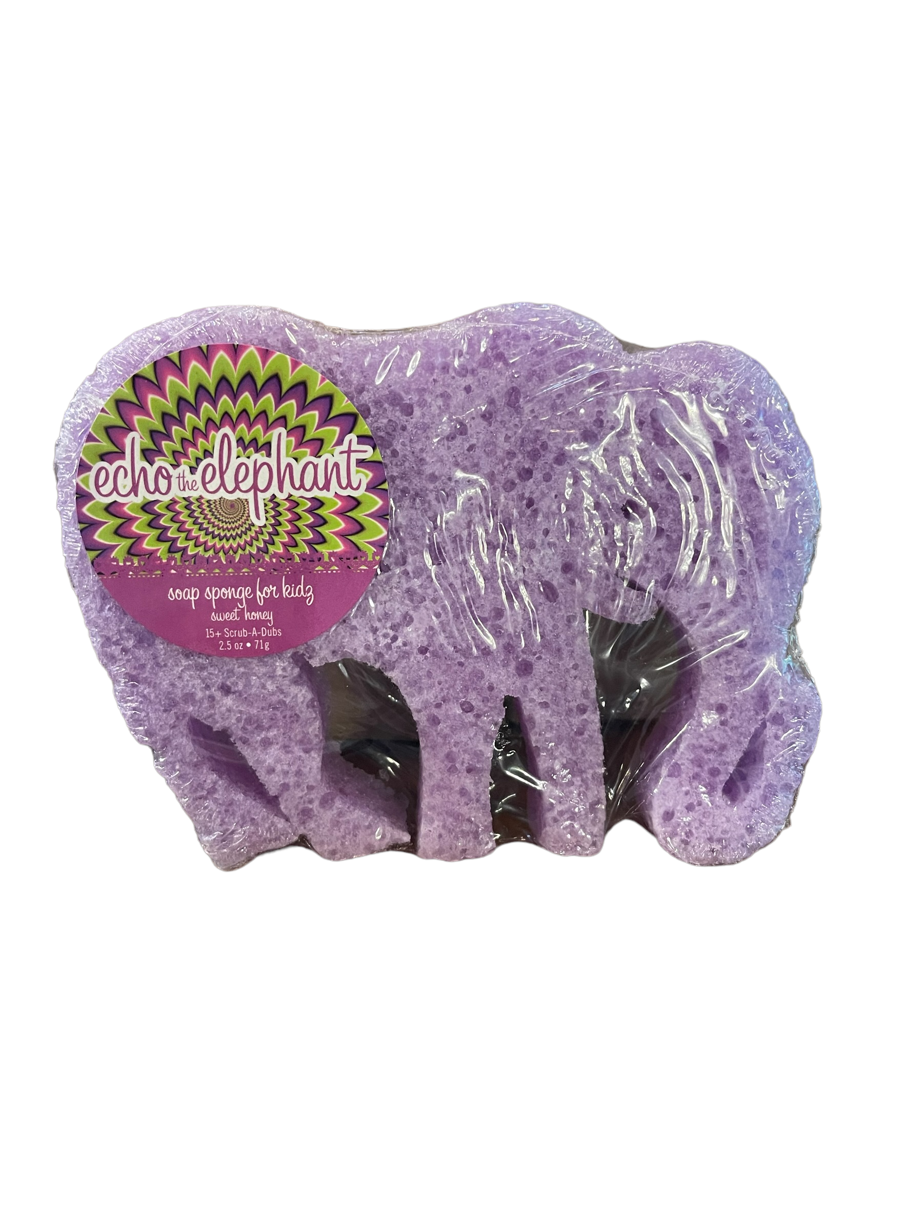 Echo the Elephant" is a purple, elephant-shaped Soap Sponge. It's designed for body use and comes packaged in clear plastic, complete with a vibrant label. The product is available as a one size fits all item.