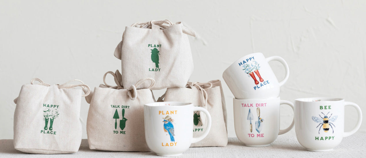 The product is a range of canvas bags, sturdy and durable for everyday use. Available in various sizes to accommodate different needs. Accompanying the bags are 4-inch Stoneware Mugs, decorated with charming garden prints. The mugs display excellent craftsmanship, with a comfortable grip and glossy finish, suitable for hot or cold beverages.