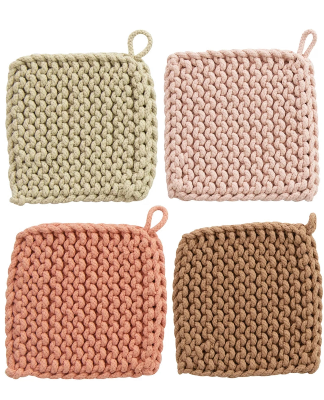 Set of four square cotton crocheted potholders in beige, pink, peach, and brown with loops. Sizes: 7"x7" each.