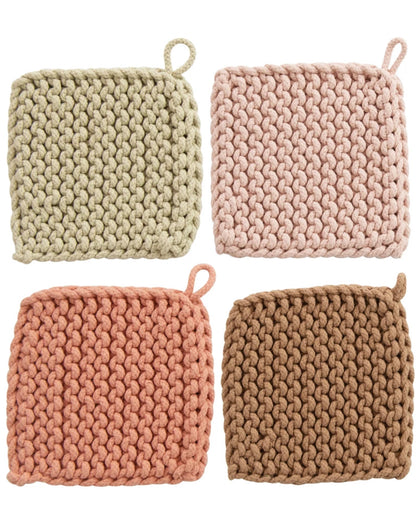 Set of four square cotton crocheted potholders in beige, pink, peach, and brown with loops. Sizes: 7"x7" each.