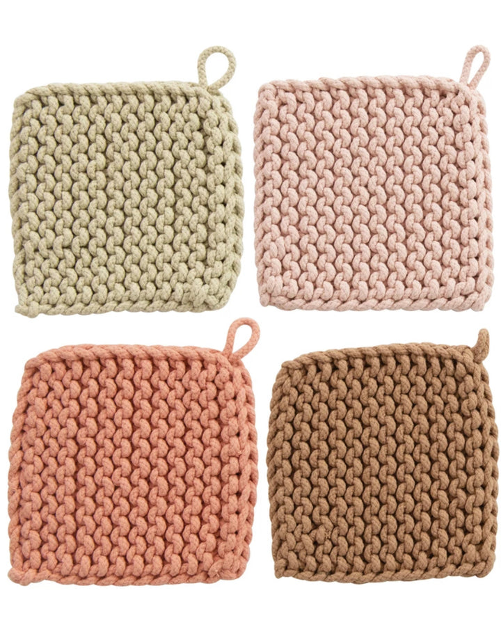 Set of four square cotton crocheted potholders in beige, pink, peach, and brown with loops. Sizes: 7"x7" each.