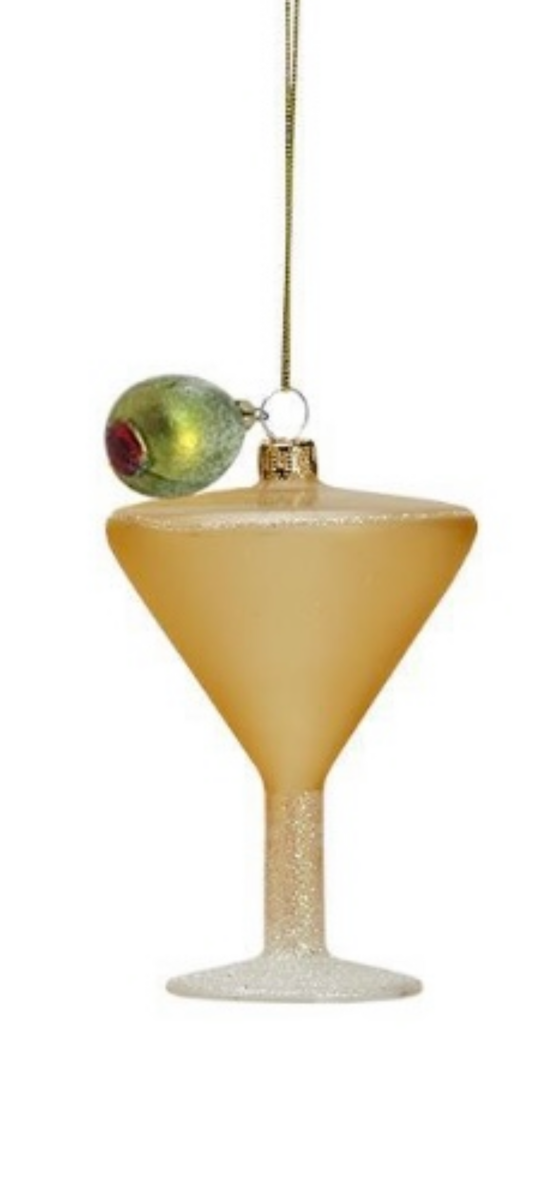 Cocktail Hour Ornament, martini glass shape, glittery stem, single olive garnish.
