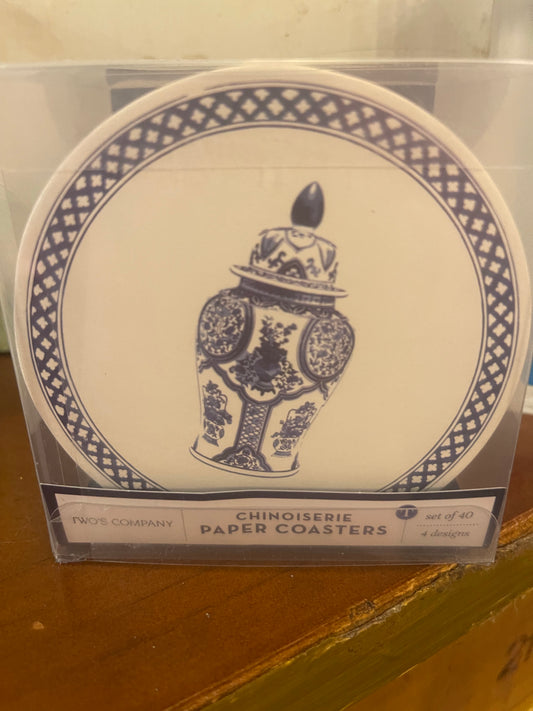Set of 40 round paper coasters, blue-and-white chinoiserie jar designs, four patterns, each coaster 4" diameter.
