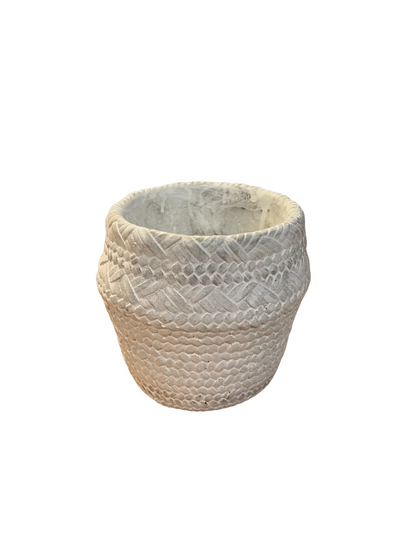 Round white ceramic planter with a textured basket weave pattern. Available in small, medium, and large sizes.