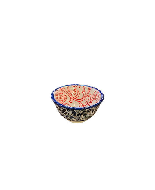 Blue and white floral stoneware pinch pot with red and white interior. Available in small, medium, and large sizes.