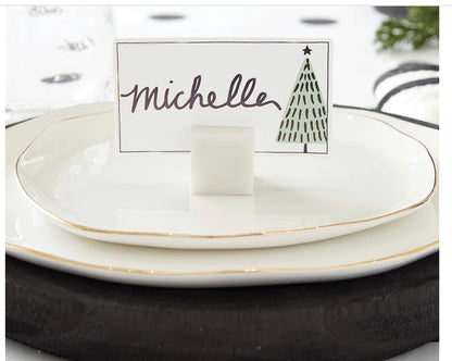 Marble Place Card Holder holds white card with "Michelle" and tree illustration. Available in small, medium, large sizes.