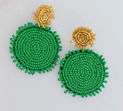 Michelle McDowell Earrings: small green beaded large circle dangles, gold smaller textured stud tops. Sizes available.