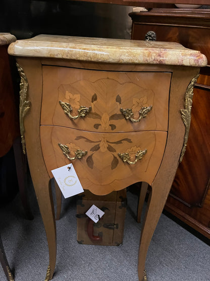 French mahogany side cabinet with two gold-handled drawers, floral inlay, ormolu trim, marble top. Sizes available.