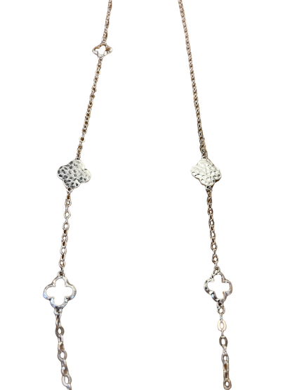 Silver Clover Long Necklace with clover-shaped links and textured floral accents. Available in 18", 24", and 30" lengths.