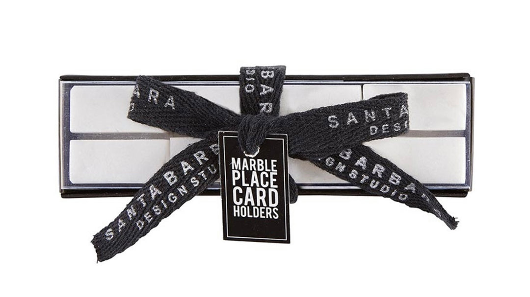 Box of Marble Place Card Holders with black ribbon and tag. Sizes available: not specified.
