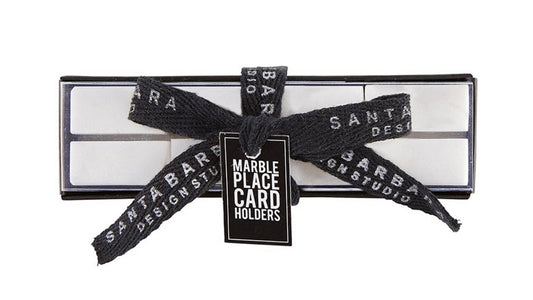 Box of Marble Place Card Holders with black ribbon and tag. Sizes available: not specified.