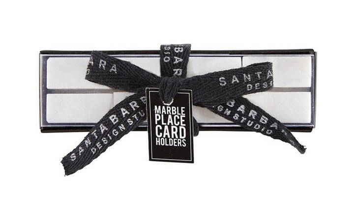 Box of Marble Place Card Holders with black ribbon and tag. Sizes available: not specified.