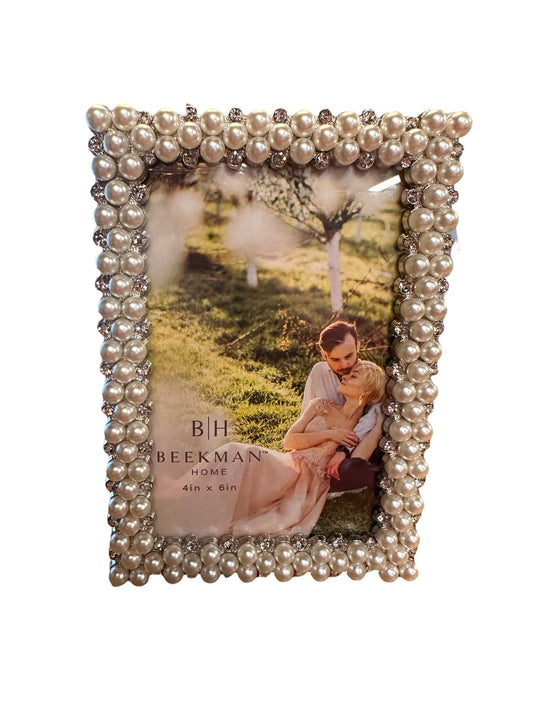 The Pearl Picture Frame features elegant beaded detailing and is available in 4x6 size, with "BEEKMAN HOME" on the insert.