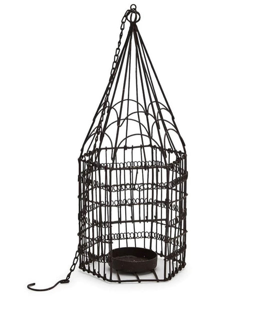 Decorative black metal birdcage with pointed top, chain, and small dish. Available in small, medium, and large sizes.