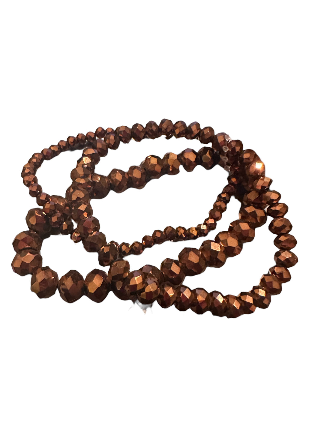 Three-loop bracelet of round, faceted brown glass beads with a metallic finish; available in small, medium, and large sizes.