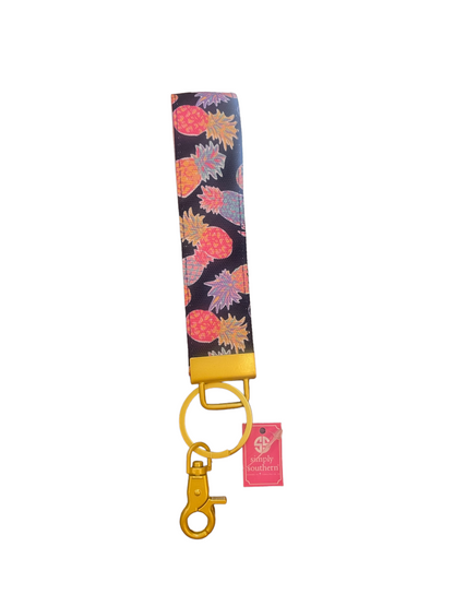 Simply Southern Key Fobs 0122: pineapple pattern, gold key ring, lobster clasp, pink tag. Available in one size.