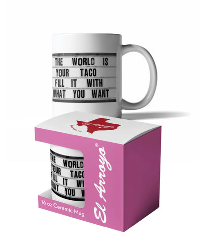 16 oz white ceramic mug with black text, red Texas outline, dishwasher-safe; comes in pink and white box.