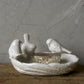 White ceramic leaf-shaped dish with three bird figures; holds soap or trinkets. Available in small, medium, and large sizes.
