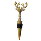 Gold deer head wine stopper with large antlers and black silicone rings. Available in standard bottle stopper size.