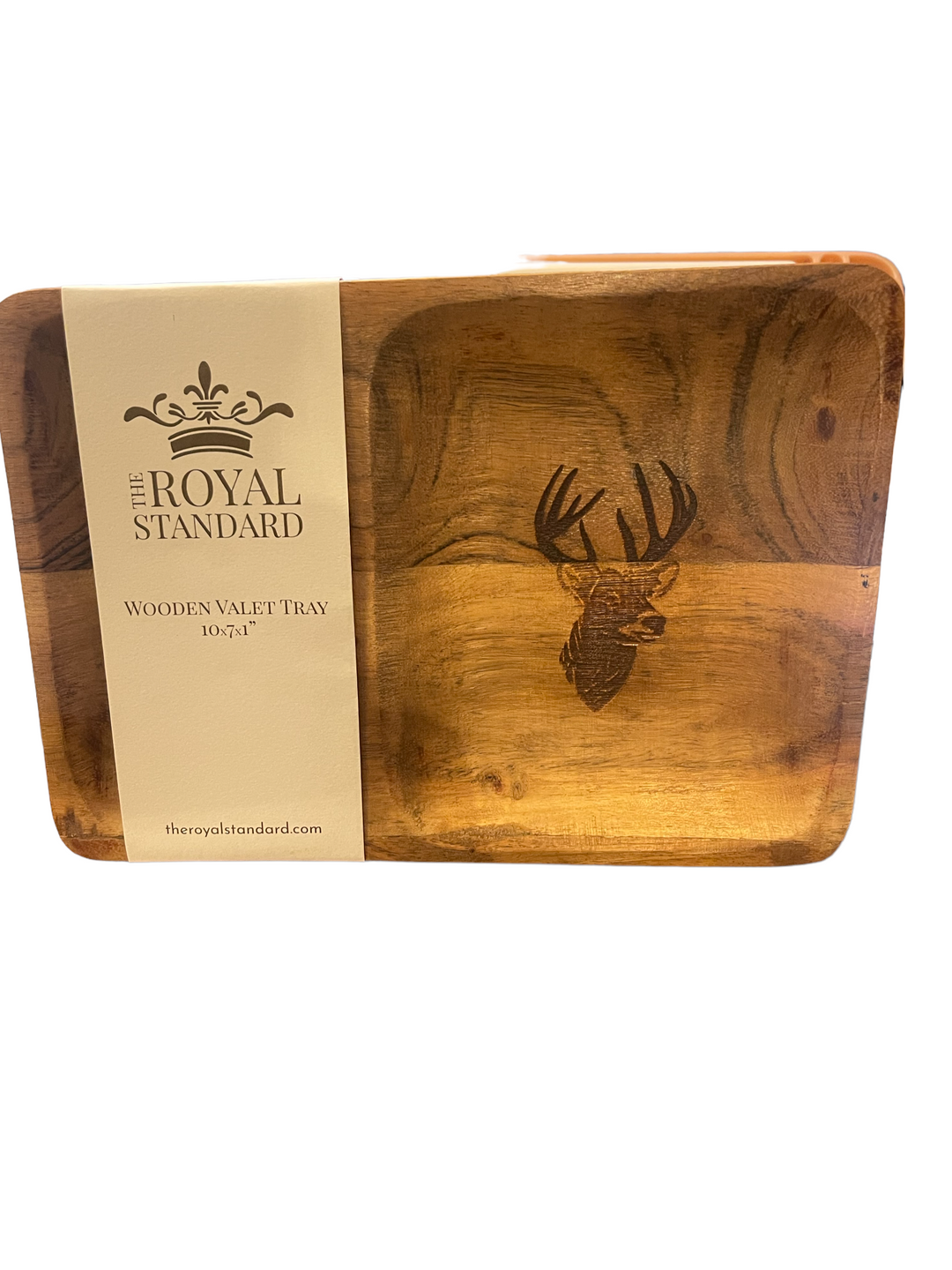 Rectangular wooden tray with carved deer head on cream band; elegant, stone-inspired details; available in multiple sizes.