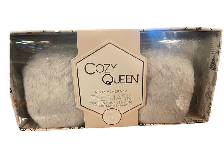 Cozy Queen Aromatherapy Eye Mask with tourmaline beads, light gray fabric, in clear box with English/French text. Sizes: S, M, L.