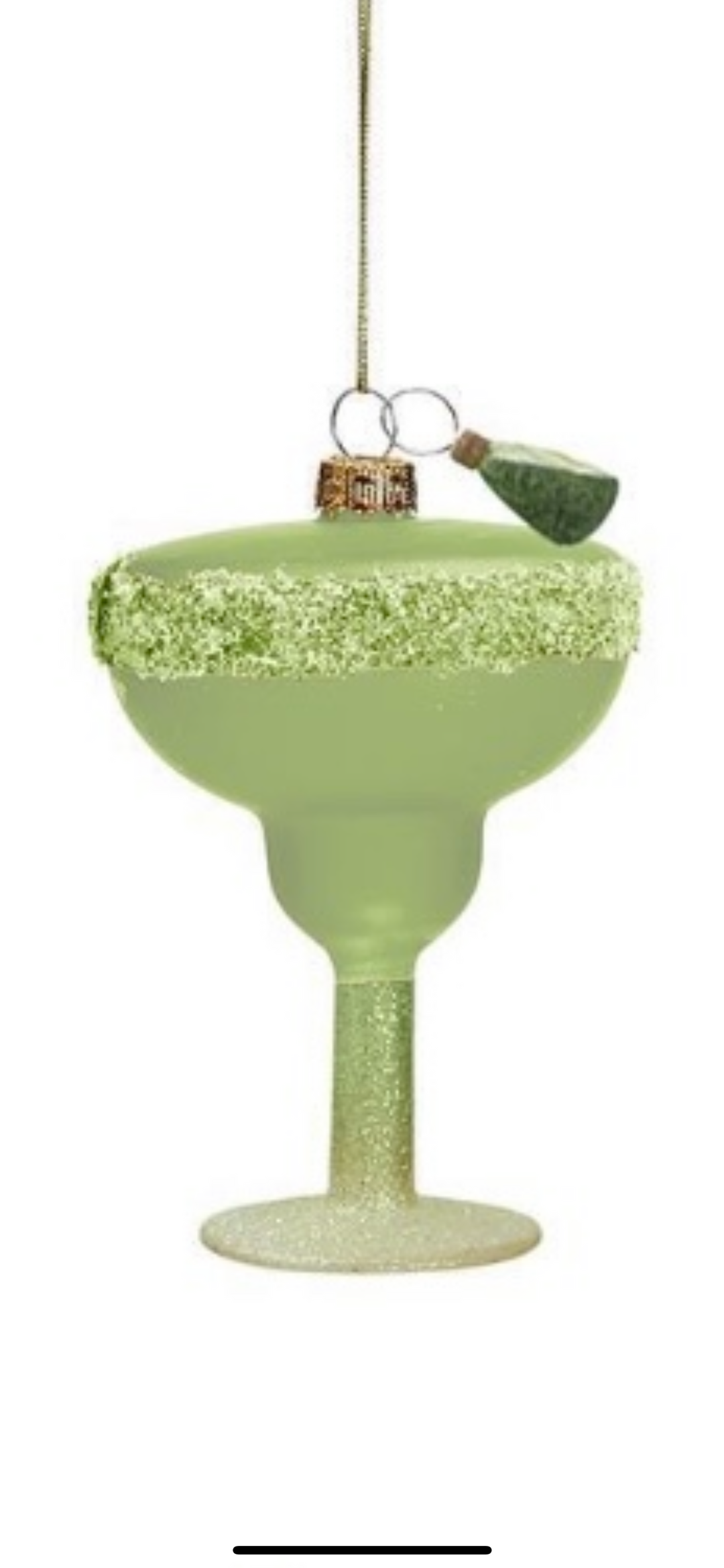 Cocktail Hour Ornament with Glass Charm, margarita glass shape with salt-rimmed top and dangling lime wedge.