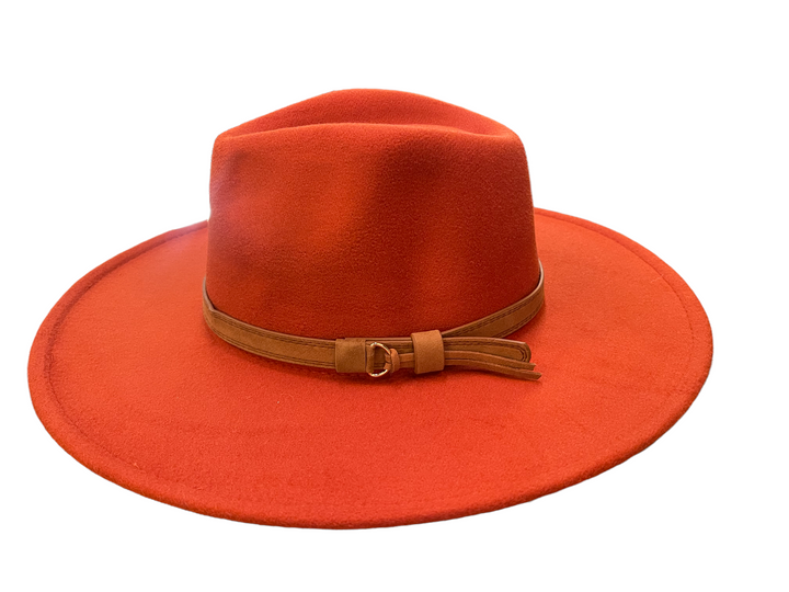 Wide-brimmed orange wool fedora with a light brown leather band and small bow. Available in S, M, L sizes.