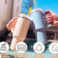 Reusable silicone cups with Straw Cover Caps. Suitable for large straws and designed to keep straws clean. Cups are BPA-free. Available in various sizes.