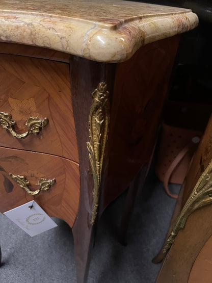 Mahogany side cabinet with brass handles, gold ormolu trim, marble top. Sizes available: small, medium, large.