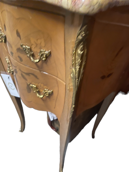 Ornate French mahogany side cabinet with gold trim, floral carvings, two drawers, curved legs. Sizes: S, M, L.