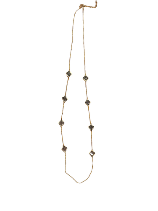 Delicate gold chain necklace with dark-toned clover beads and top clasp. Available in 18", 24", and 30" lengths.