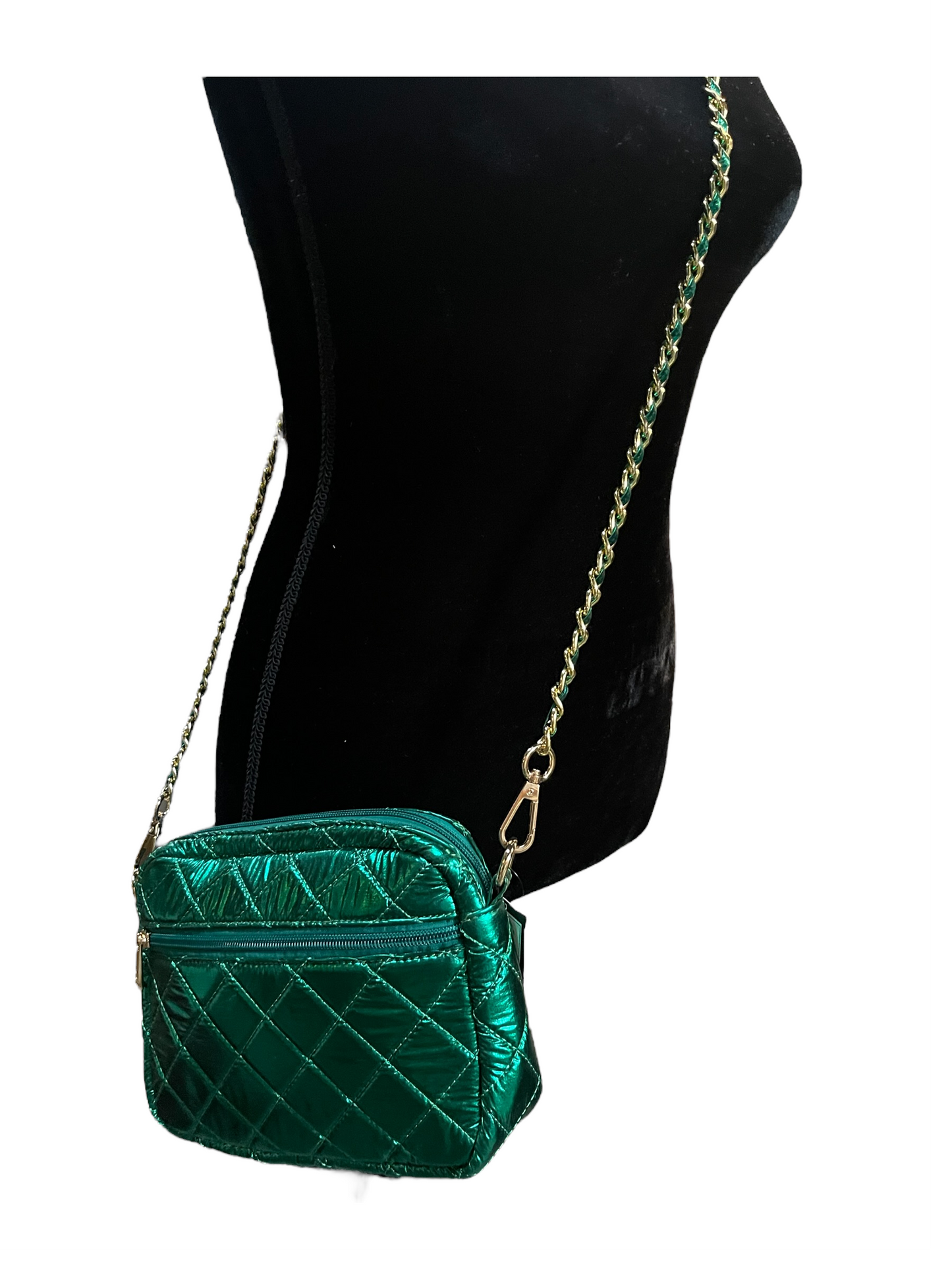 Green Metallic Quilted Crossbody Bag